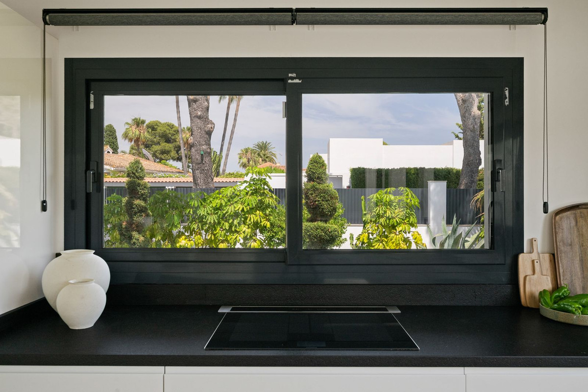 Kitchen window above the induction hob looking out to hedge, pines and palms