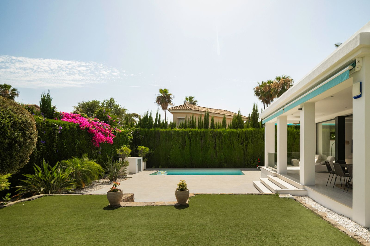 Lawn and pool with bougainvillea and cypress hedge against the villa terrace