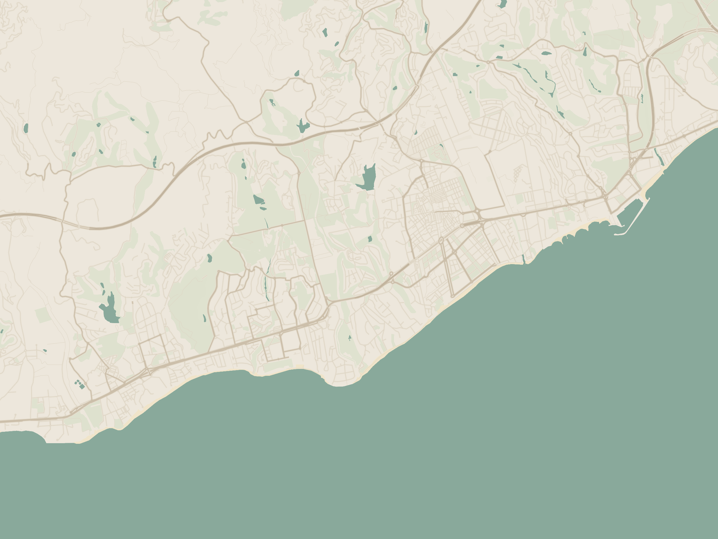 Branded map of the western Marbella coast showing Villa Layla in Atalaya Isdabe on the Estepona side, with El Paraíso and Atalaya Golf inland, Guadalmina and San Pedro de Alcántara to the east, Puerto Banús marina further along the coast and Málaga Airport to the northeast.